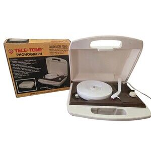 Vintage Portable Tele-Tone Phonograph White Vinyl Player Corded Working With Box